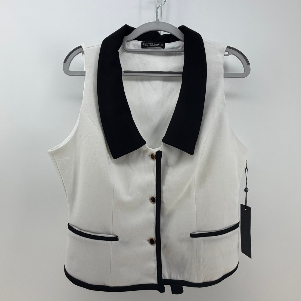 Emerson Lang Vest Women XL White Black Minimal Collar Preppy Dark Academia NWT